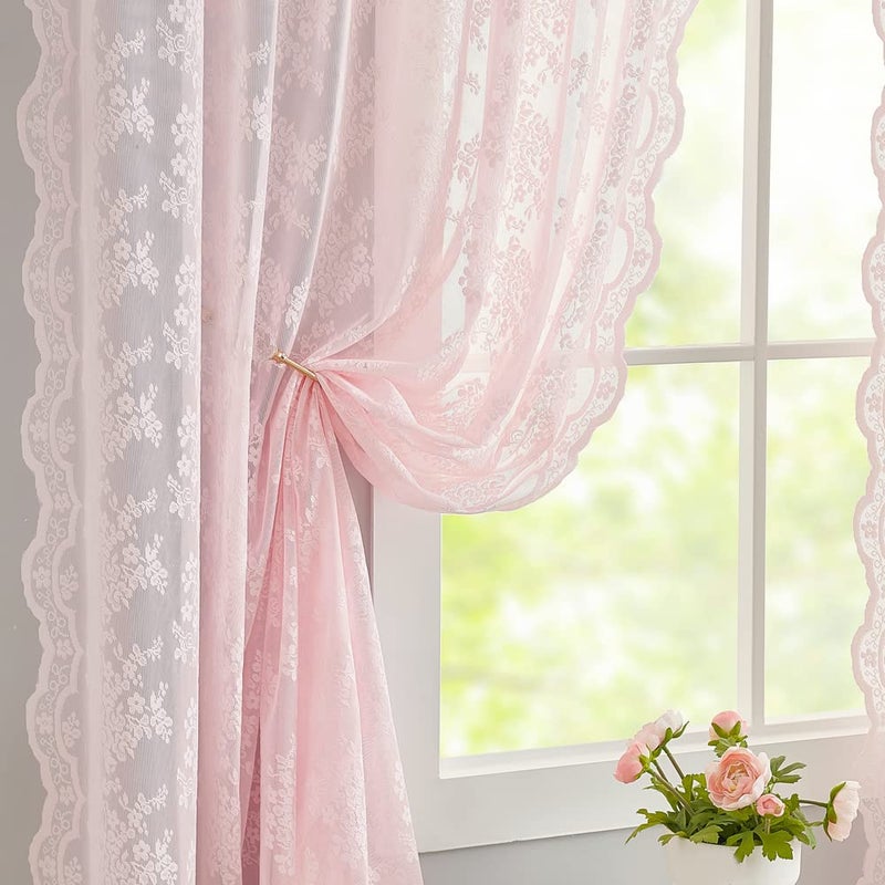 YJ YANJUN Vintage Lace Curtains 63 Inches Length- Cute Sheer Pink Curtains for Girls Bedroom Light Pink Floral Short Window Drapes Princess Girls Room Coquette Decor 2 Panels 52 x63 Inch - Image 1