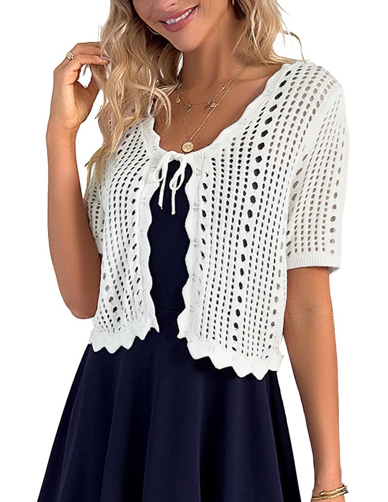 Kate Kasin Women White Shrug for Dress Knitted Crochet Shrug Sweater Short Sleeve Cropped Cardigan Summer M - Image 1