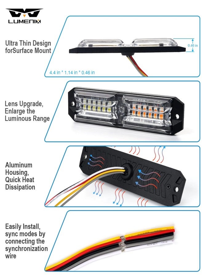 LUMENIX مجموعة مصابيح ستروب لومينيكس للشاحنات، 12 مصباح LED مثبتة على السطح، مصابيح تحذيرية فائقة النحافة للطوارئ للسيارات ومركبات البناء - أبيض كهرماني - Image 2