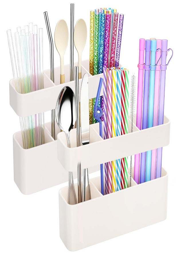 MoodLife Straw Holder for Cabinet Door, 2 Pack Silicone Straw Organizer with Washable Adhesive, Peel and Stick No Drill Storage for Reusable and Tumbler Straws(White) - Image 1