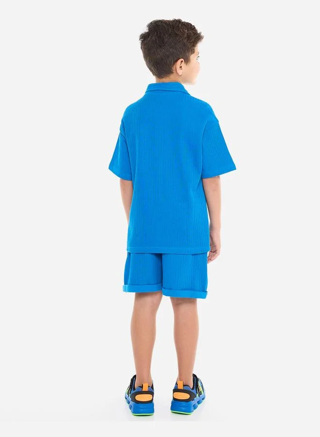 victor and jane Victor And Jane Boys Blue Textured Polo T-Shirt and Shorts Set