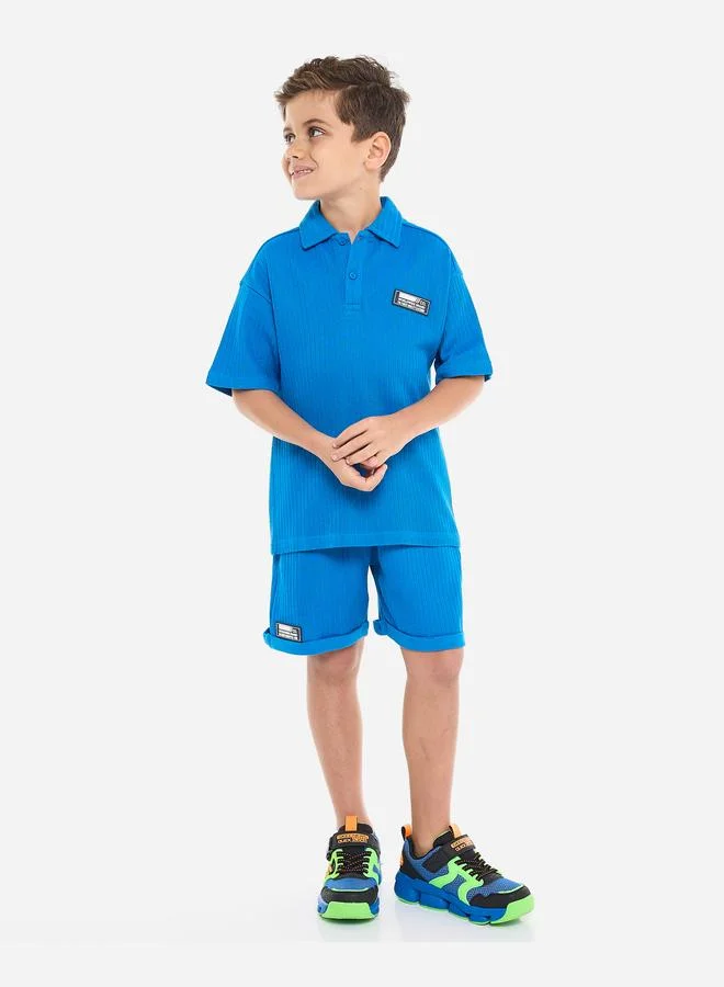 victor and jane Victor And Jane Boys Blue Textured Polo T-Shirt and Shorts Set