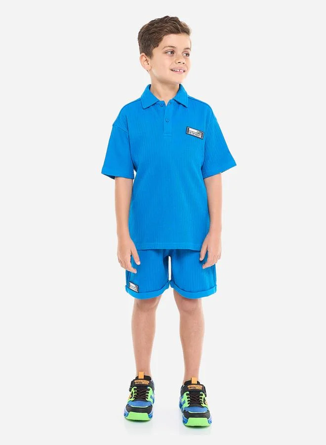 victor and jane Victor And Jane Boys Blue Textured Polo T-Shirt and Shorts Set