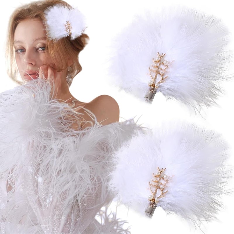 AUOCATTAIL 2 Pcs Feather Hair Clips Artificial Swan Ostrich Feather Pearl Fluffy Plush Hair Barrettes Ballet Style Hair Pins Accessories for Women Bride Wedding Valentine Stage Performance Headpiece White