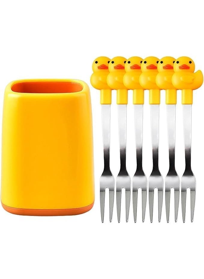 Cute Duck Fruit Forks Set, 6 Stainless Steel Dessert Forks with Holder, Yellow - Image 1