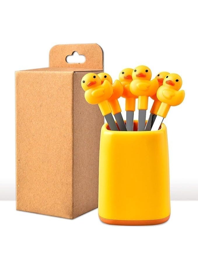 Cute Duck Fruit Forks Set, 6 Stainless Steel Dessert Forks with Holder, Yellow - Image 3