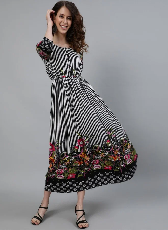 ISHIN Women's Black 100% Cotton Self Design A-Line Dress