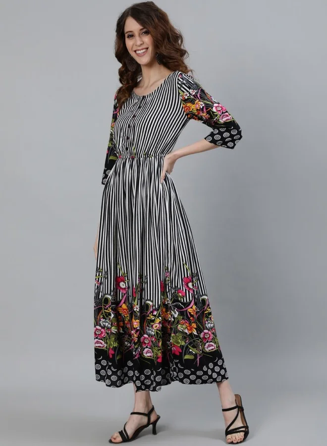 ISHIN Women's Black 100% Cotton Self Design A-Line Dress