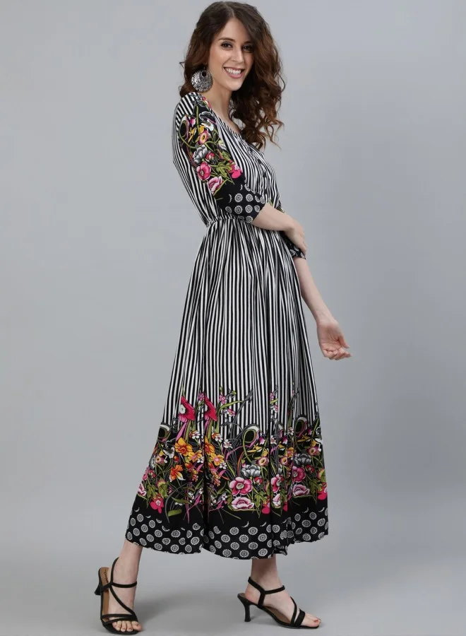 ISHIN Women's Black 100% Cotton Self Design A-Line Dress
