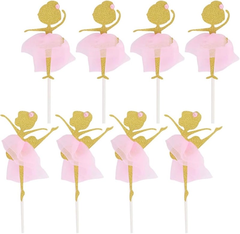 Pink Ballet Girl Cake Toppers 8 Pcs Paper Insert Cards For Birthday Party Cupcakes - Image 1