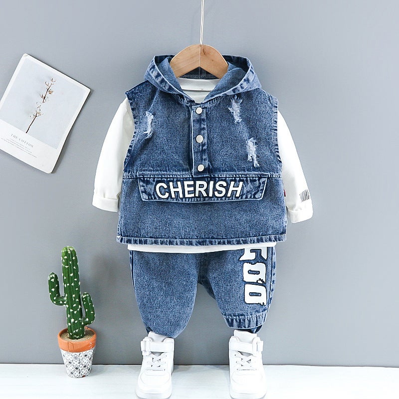 Children'S Wear Boys' Spring Wear Suit Boys' Baby Boys' Western Style Denim Vest Children'S Korean Casual Three-Piece Fashionable Set - Image 1