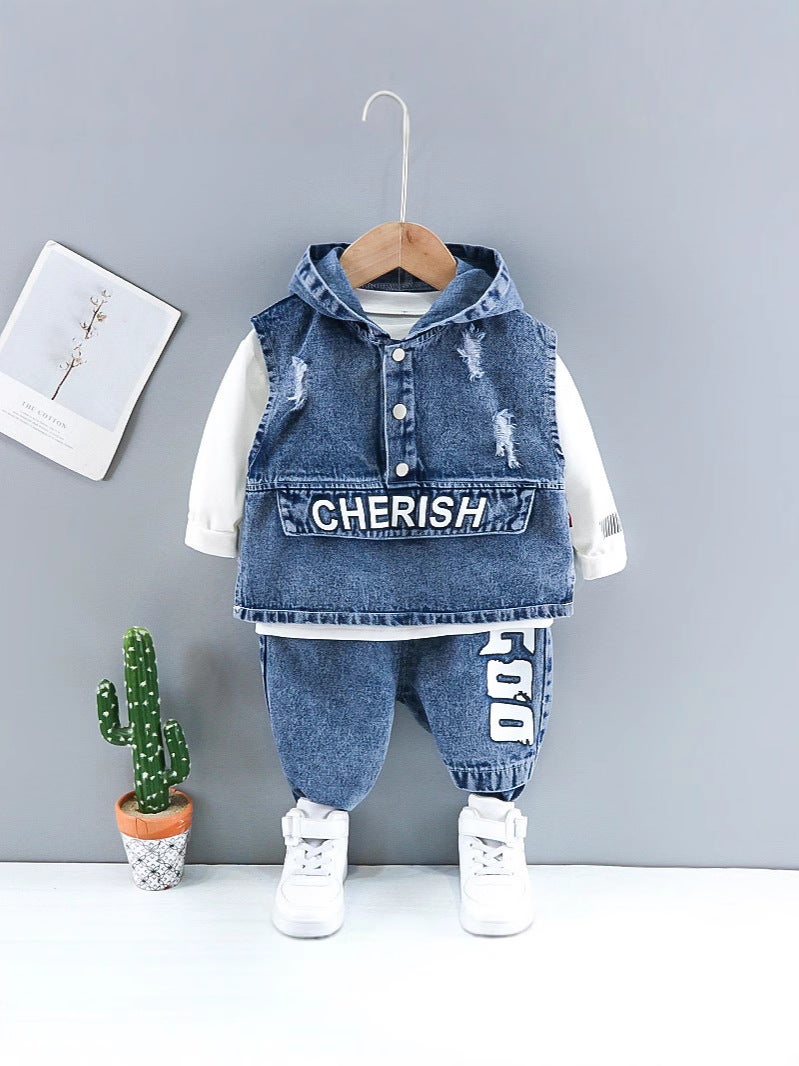 Children'S Wear Boys' Spring Wear Suit Boys' Baby Boys' Western Style Denim Vest Children'S Korean Casual Three-Piece Fashionable Set - Image 2