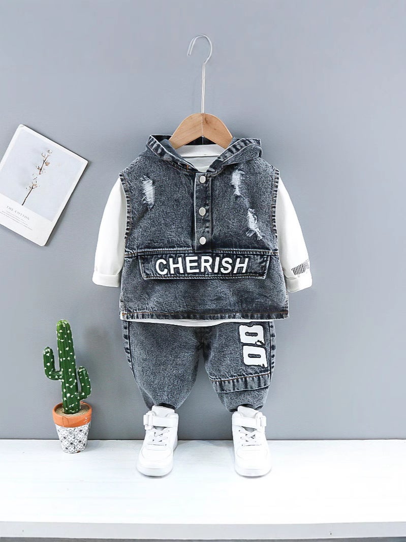 Children'S Wear Boys' Spring Wear Suit Boys' Baby Boys' Western Style Denim Vest Children'S Korean Casual Three-Piece Fashionable Set - Image 3