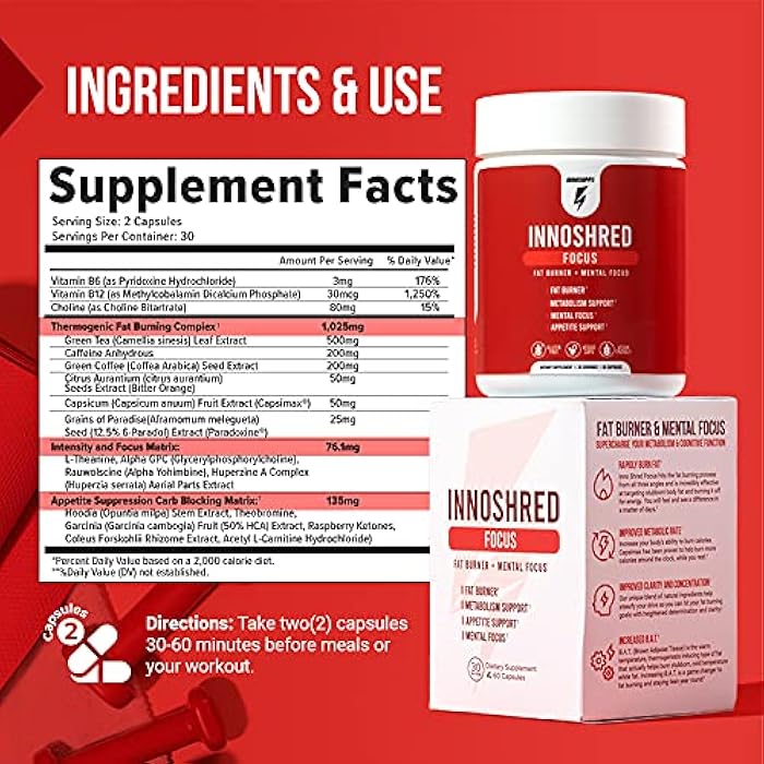 INNOSUPPS Inno Shred Focus Day Time Fat Burner, 100mg Capsimax, Grains of Paradise, Organic Caffeine, Green Tea Extract, Appetite Suppressant, Weight Loss Support, 60 Veggie Capsules (60 Capsules, with Focus) - Image 2
