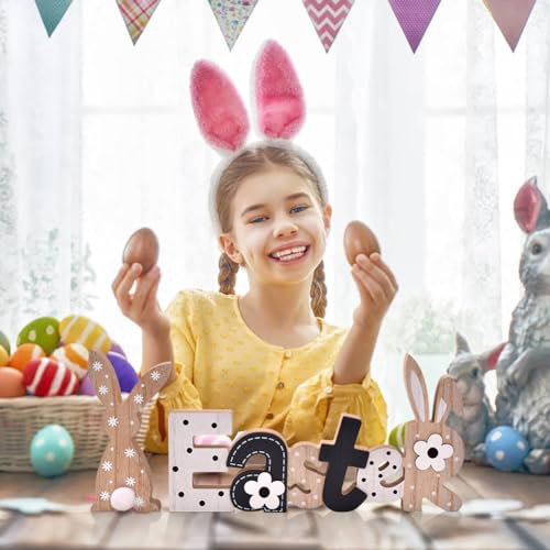 IDATOO Easter Decoration Sign Blocks, 2-PCs Wooden Easter Bunny Tabletop Decor, Rustic Spring Easter Wooden Table Signs, Festive Farmhouse Decorative Wood Block Set for Home Office Indoor (Bunny - Image 2