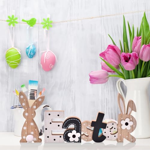 IDATOO Easter Decoration Sign Blocks, 2-PCs Wooden Easter Bunny Tabletop Decor, Rustic Spring Easter Wooden Table Signs, Festive Farmhouse Decorative Wood Block Set for Home Office Indoor (Bunny - Image 5
