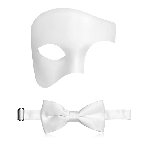 IncreDecor Masquerade Mask for Men Phantom of The Opera Half Face Mask with Bowtie, Halloween Masquerade Mardi Gras Party (White Knight) - Image 1