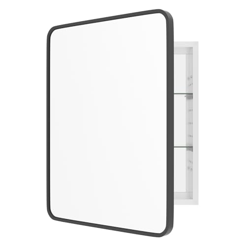 WallBeyond WallByond Bathroom Medicine Cabinet with Mirror 22x28 Inch Black Recessed Medicine Cabinet with Round Corner Aluminum Alloy Metal Framed Single Door Modern MedicineMabinet with Storage