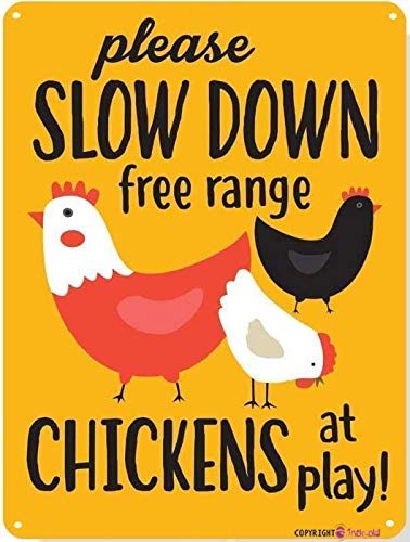Eletina Vintage Metal Tin Wall Decor Please Slow Down Free Range Chickens at Play Outdoor Sign - Image 1