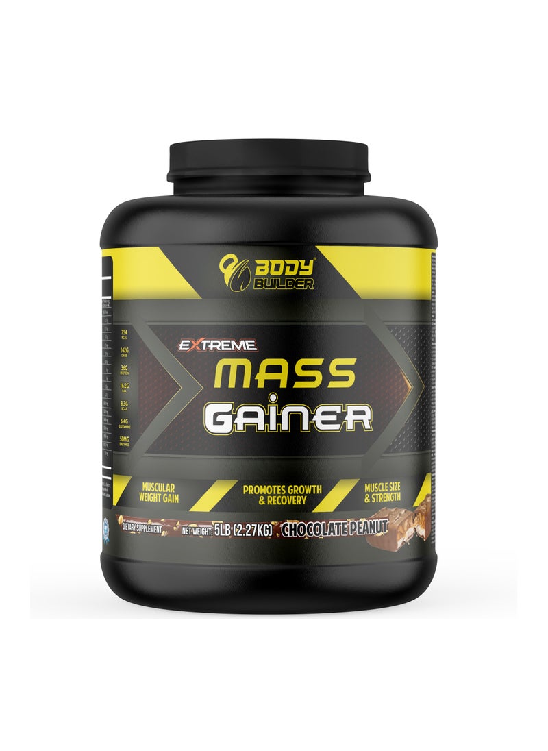 Body Builder Body Builder Extreme Mass Gainer - Weight Gainer with 36g Protein, 8.3g BCAA, 142g Carb and 50mg Enzymes - Chocolate Peanut, 5 LB  - Image 1