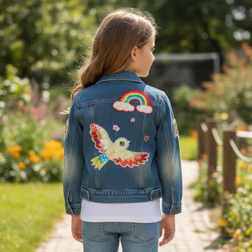 Peacolate 3-11Years Little Big Girls Embroider Rainbow Birds and Flowers Denim Jacket(5-6Years) - Image 2