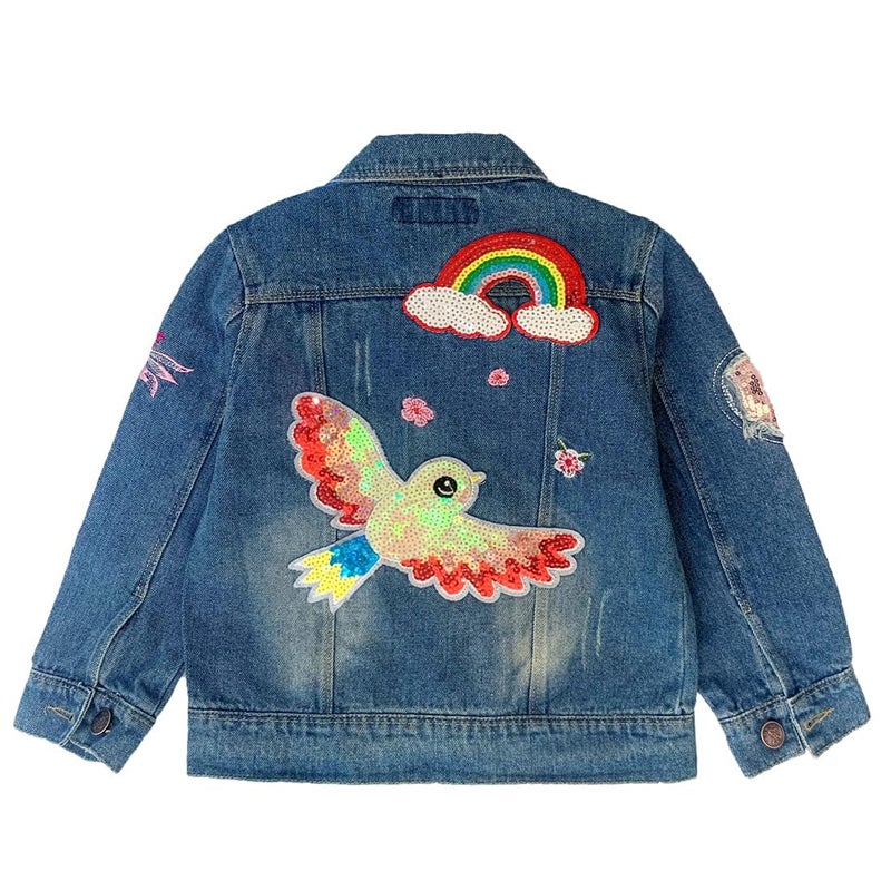 Peacolate 3-11Years Little Big Girls Embroider Rainbow Birds and Flowers Denim Jacket(5-6Years) - Image 5