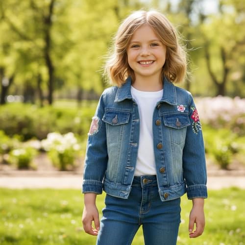 Peacolate 3-11Years Little Big Girls Embroider Rainbow Birds and Flowers Denim Jacket(5-6Years) - Image 3