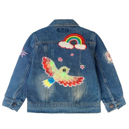 Peacolate 3-11Years Little Big Girls Embroider Rainbow Birds and Flowers Denim Jacket(5-6Years) - Image 1