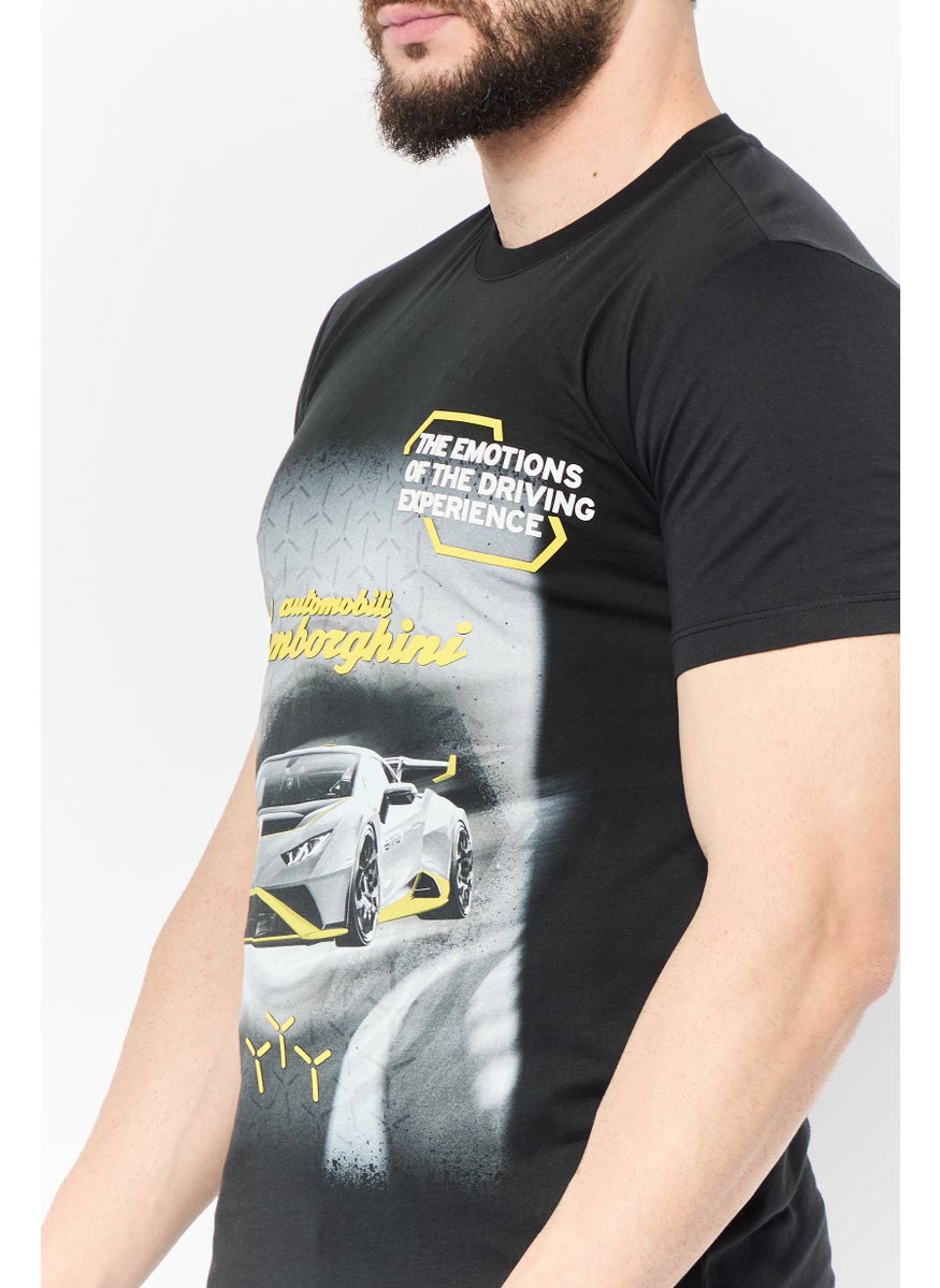 LAMBORGHINI Men Crew Neck Short Sleeves Graphic Printed T-Shirt, Black  - Image 3