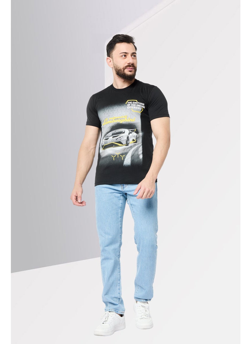 LAMBORGHINI Men Crew Neck Short Sleeves Graphic Printed T-Shirt, Black  - Image 2
