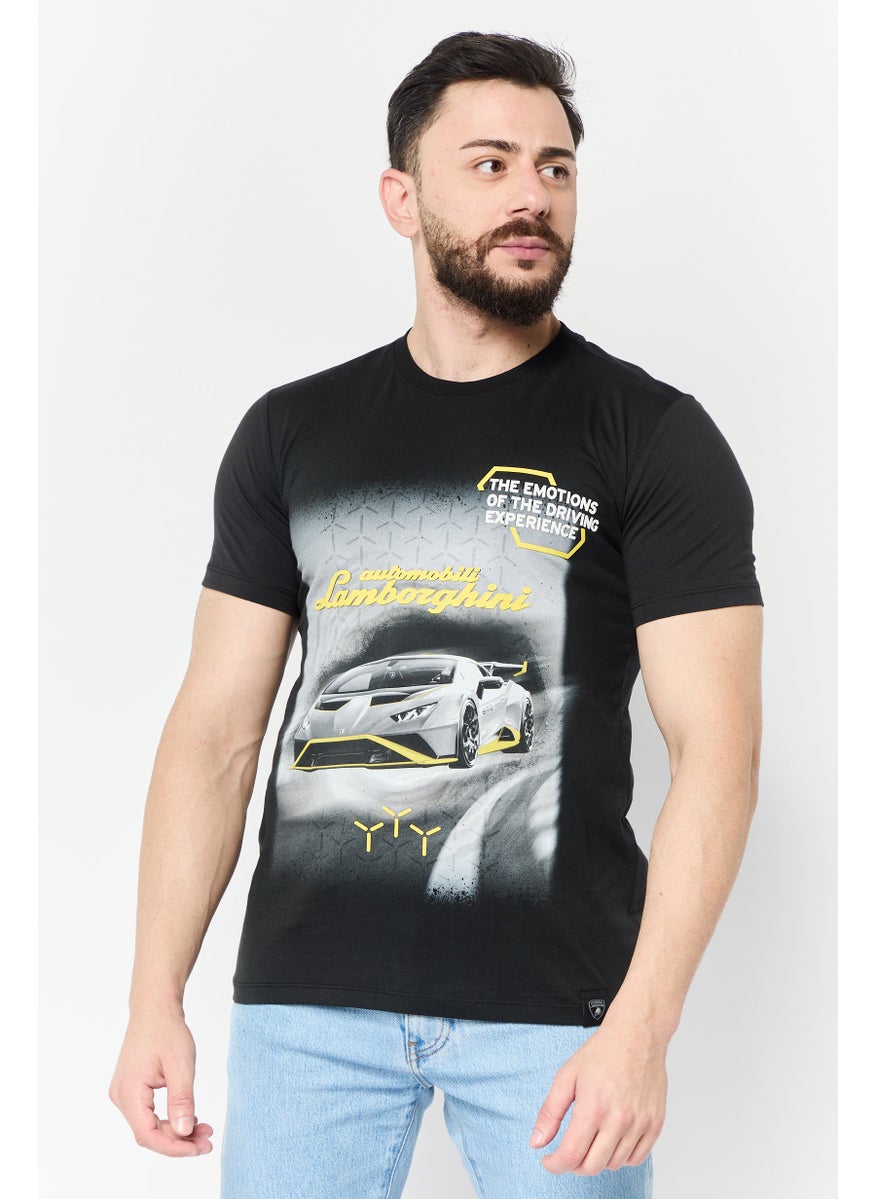 LAMBORGHINI Men Crew Neck Short Sleeves Graphic Printed T-Shirt, Black  - Image 1