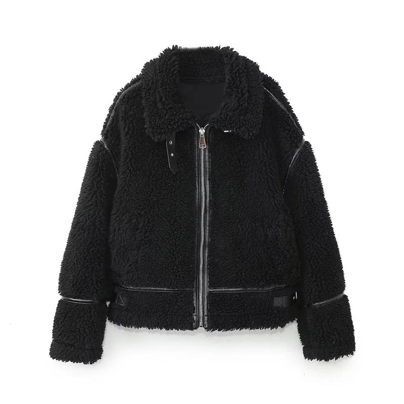 American motorcycle trendy cool contrast color design coat autumn and winter warm lapel zipper loose slimming jacket for women Black 