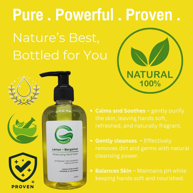 Greenviv Natural Handwash Liquid Lemon & Bergamot, 270ML, Anti Bacterial Moisturizing Hand Wash - Image 2