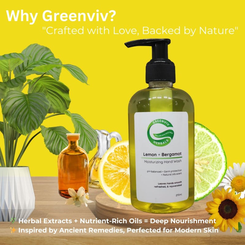 Greenviv Natural Handwash Liquid Lemon & Bergamot, 270ML, Anti Bacterial Moisturizing Hand Wash - Image 4