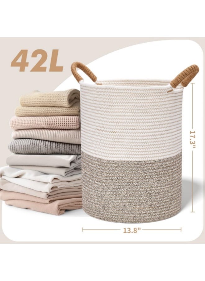 GGEROU - Rope Woven Laundry Basket, 42L Woven Rope Storage Basket with Handles for Clothes Blanket Storage, Large Tall Laundry Hamper, Light Brown - Image 1
