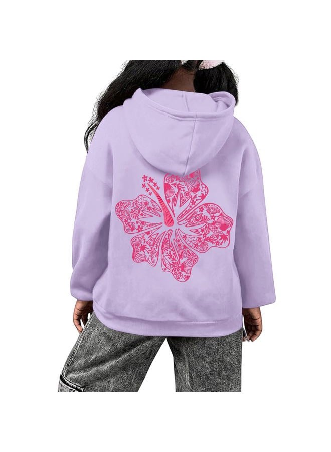 Lubpow Cute Pink Hoodie Kids Girls Aesthetic Preppy Hibiscus Flower Puff Hoodies Kawaii Hawaii Palm Beach Graphic Pullover, Light Purple, 13-14 years - Image 2
