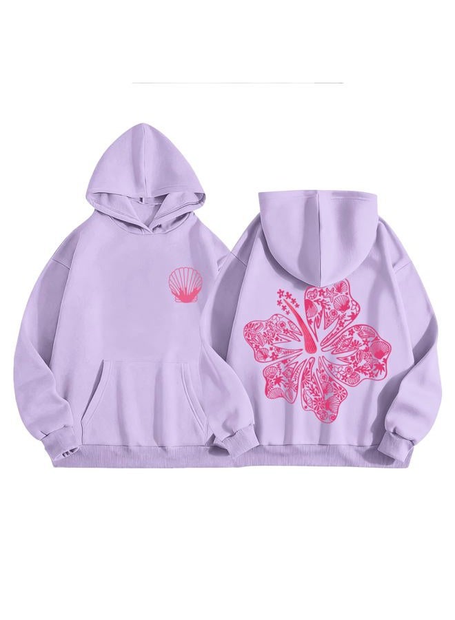 Lubpow Cute Pink Hoodie Kids Girls Aesthetic Preppy Hibiscus Flower Puff Hoodies Kawaii Hawaii Palm Beach Graphic Pullover, Light Purple, 13-14 years - Image 1