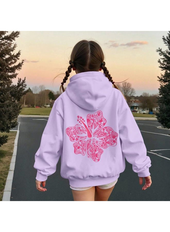 Lubpow Cute Pink Hoodie Kids Girls Aesthetic Preppy Hibiscus Flower Puff Hoodies Kawaii Hawaii Palm Beach Graphic Pullover, Light Purple, 13-14 years - Image 4