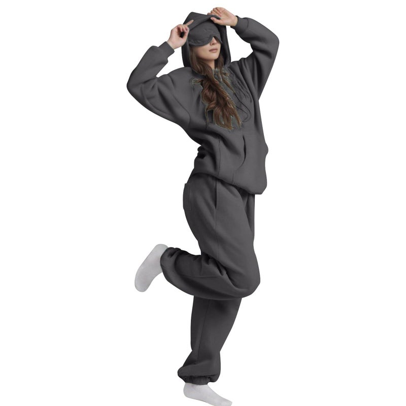 2025 Fashion Large Pocket Solid Color Eye Mask Sweatshirt Casual Sports Two-Piece Set - Image 1
