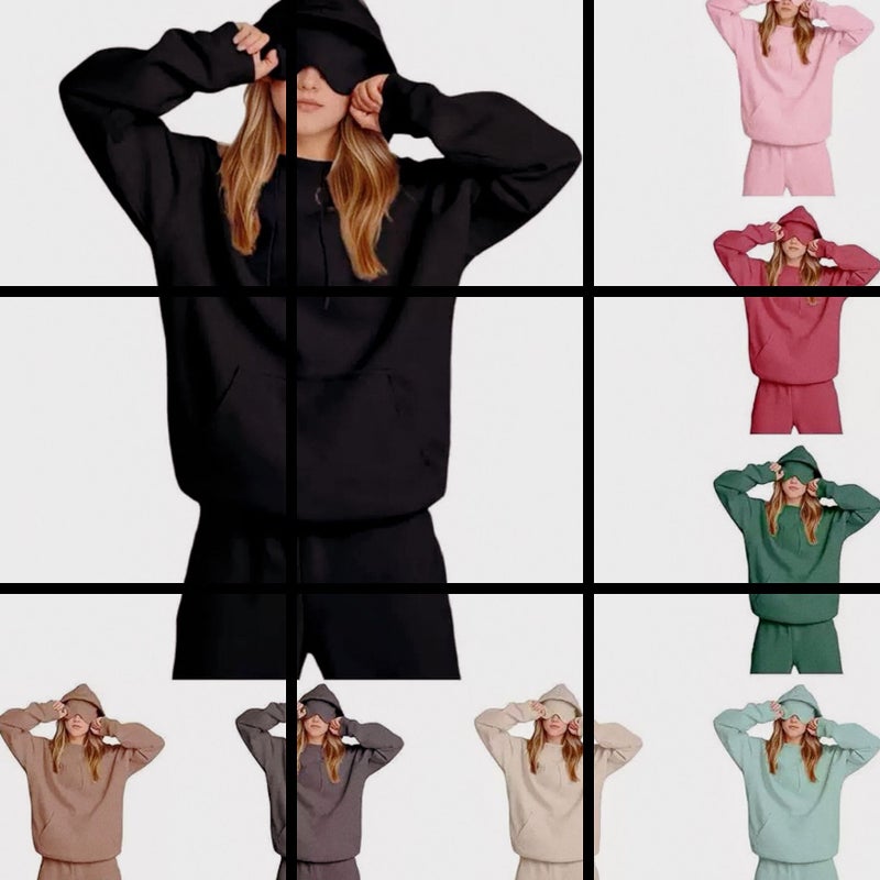 2025 Fashion Large Pocket Solid Color Eye Mask Sweatshirt Casual Sports Two-Piece Set - Image 2