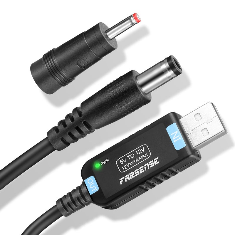 FARSENSE USB to DC 12V Step Up Power Cable 3ft DC Jack 55 x 25mm 35 x 135mm USB Boost Converter with LED Indicator