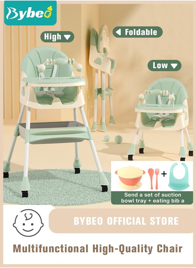 Bybeo - Baby High Chair, Foldable Baby Dining High Chairs With 4 Wheels, Dining Booster Seat With Removable Tray & Adjustable Backrest and Height,For 0-6 Years Babies and Toddlers (Green) - Image 1