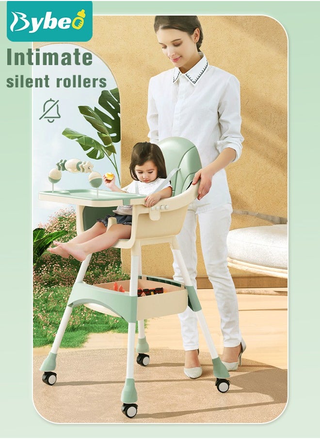 Bybeo - Baby High Chair, Foldable Baby Dining High Chairs With 4 Wheels, Dining Booster Seat With Removable Tray & Adjustable Backrest and Height,For 0-6 Years Babies and Toddlers (Green) - Image 1