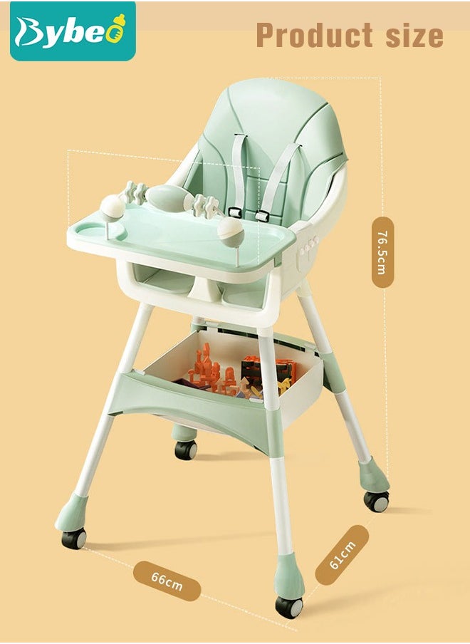Bybeo - Baby High Chair, Foldable Baby Dining High Chairs With 4 Wheels, Dining Booster Seat With Removable Tray & Adjustable Backrest and Height,For 0-6 Years Babies and Toddlers (Green) - Image 1