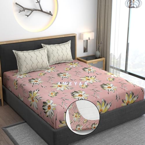 AMEYAA Cotton Feel Glace Cotton Elastic Fitted Printed King Size Double Bed Bedsheet with 2 Pillow Cover Fits Upto 8 inches Mattress,Size- 72x78x10 Inches - Image 2