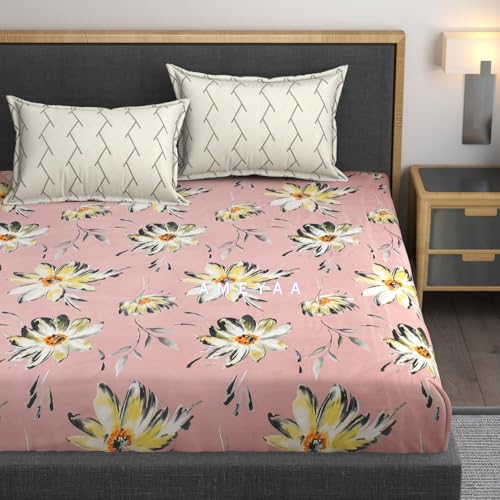 AMEYAA Cotton Feel Glace Cotton Elastic Fitted Printed King Size Double Bed Bedsheet with 2 Pillow Cover Fits Upto 8 inches Mattress,Size- 72x78x10 Inches - Image 1