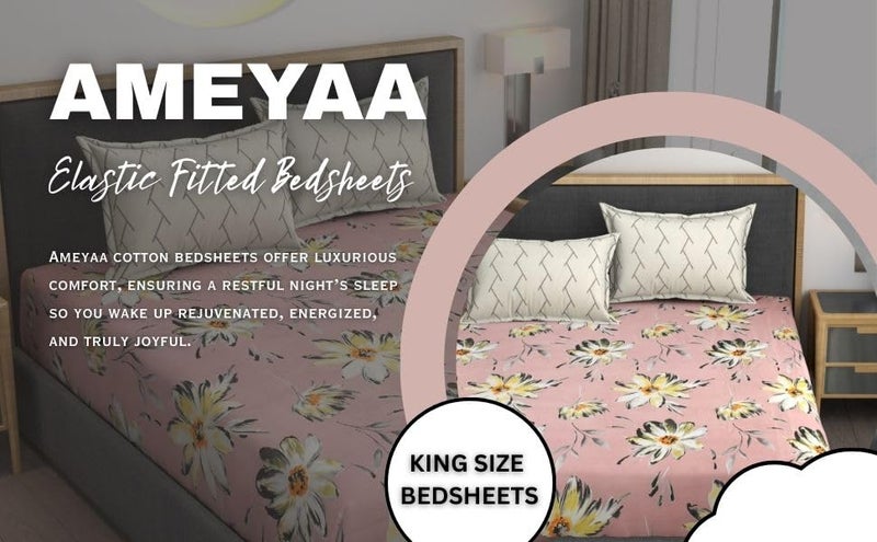 AMEYAA Cotton Feel Glace Cotton Elastic Fitted Printed King Size Double Bed Bedsheet with 2 Pillow Cover Fits Upto 8 inches Mattress,Size- 72x78x10 Inches - Image 5
