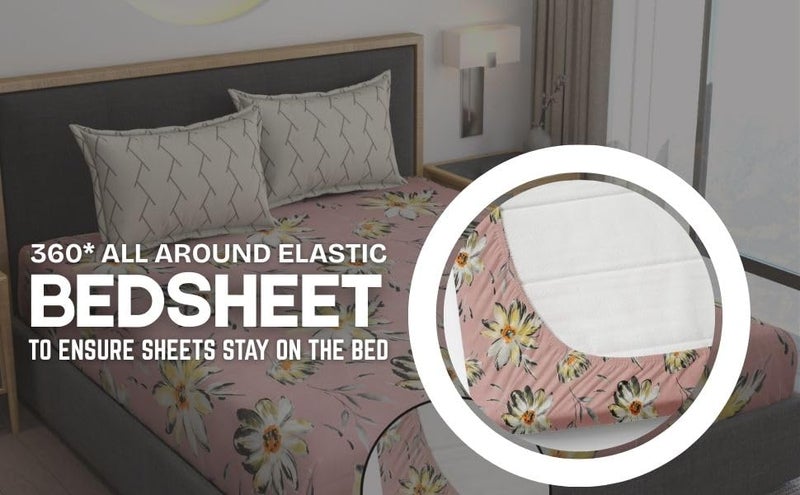 AMEYAA Cotton Feel Glace Cotton Elastic Fitted Printed King Size Double Bed Bedsheet with 2 Pillow Cover Fits Upto 8 inches Mattress,Size- 72x78x10 Inches - Image 3