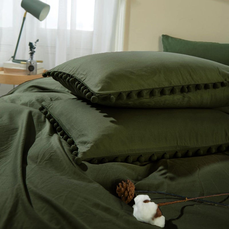 ETDIFFE Dark Olive Green Duvet Cover Queen Size, 3 Piece Boho Bohemian Farmhouse Pom Microfiber Bedding Comforter Cover Set, Soft and Lightweight Quilt Cover (90x90) - Image 3