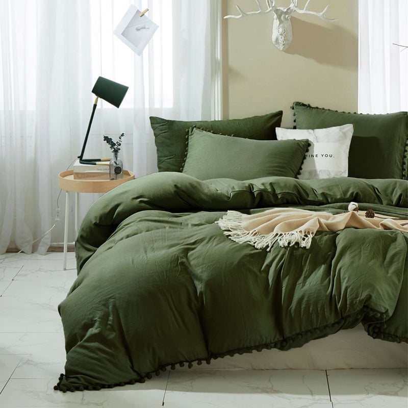 ETDIFFE Dark Olive Green Duvet Cover Queen Size, 3 Piece Boho Bohemian Farmhouse Pom Microfiber Bedding Comforter Cover Set, Soft and Lightweight Quilt Cover (90x90) - Image 2